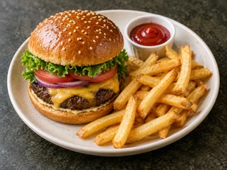Beef Burger with French Fries