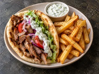 Pork Gyros with Tzatziki and Fries