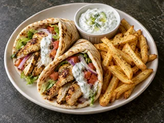 Chicken Gyros with Tzatziki and Fries