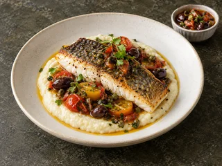 Sea Bass Fillet with Cauliflower Purée and Mediterranean Sauce