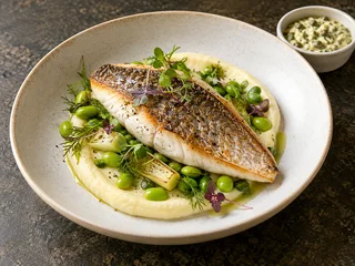 Sea Bream Fillet with Parsnip Purée, Edamame and Gribiche Sauce