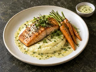 Salmon Fillet with Potato Purée, Herbs, Baby Carrots and Lemongrass Sauce