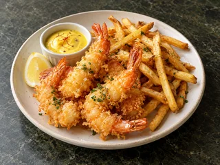 Tempura Prawns with Fries and Saffron Aioli